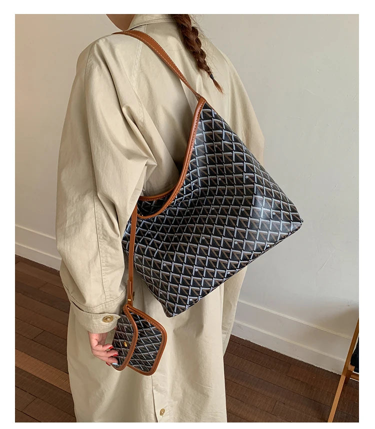Large Capacity Women's Shoulder Bag Fashionable Commuter Tote Bag Soft PU Leather Printed Geometric Pattern Autumn New Arrival