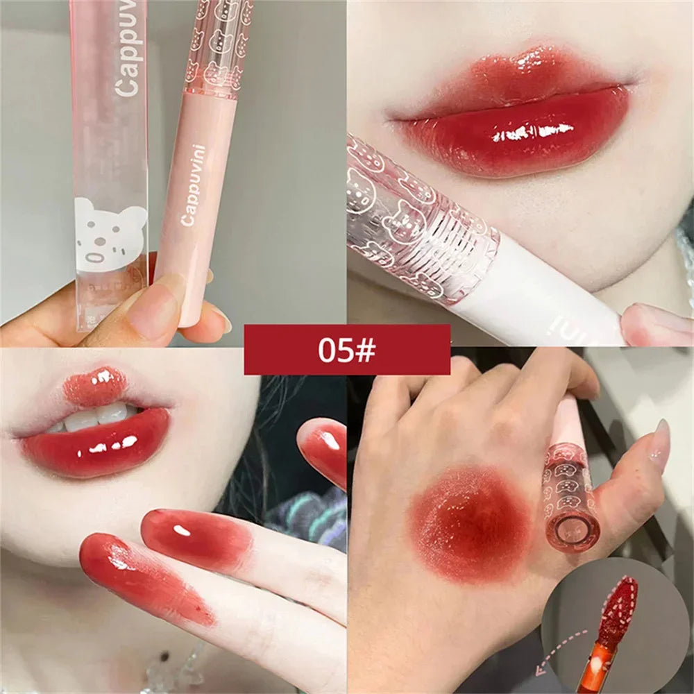 Glossy red lip tint swatch on lips and hand with Cappuvini tube, shade 05#.