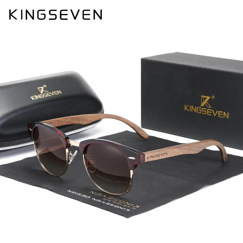 Brown polarized sunglasses with wooden arms, hard case, and branded box on white background