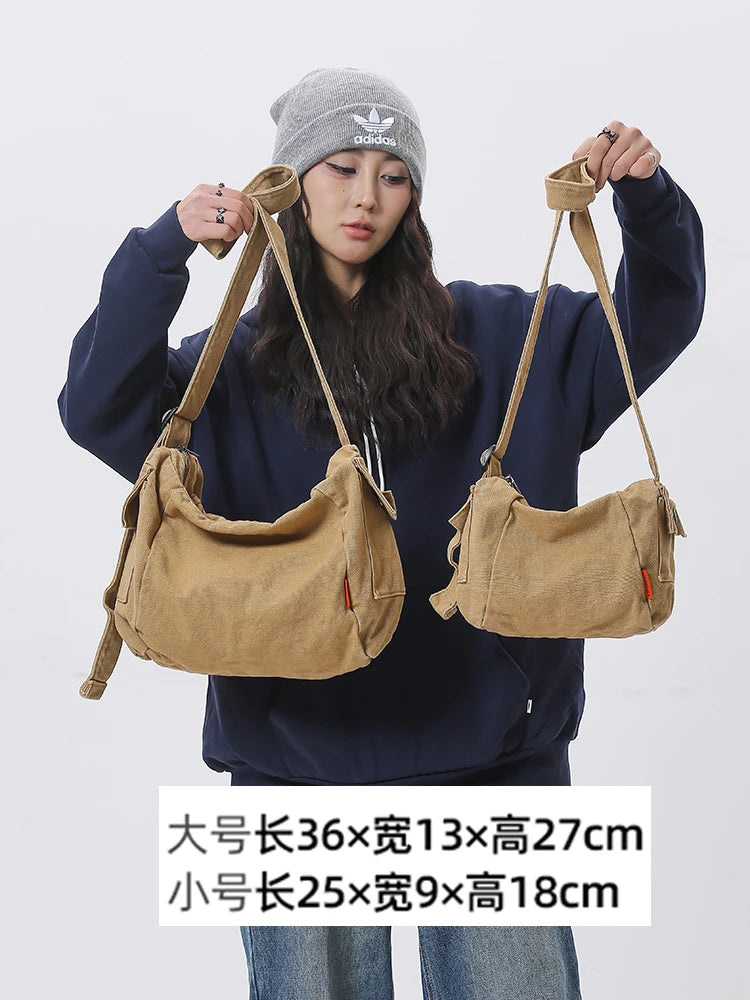 Retro Canvas Shoulder Bag Men's Casual Crossbody Pouch Zipper Book Commuting Leisure Vintage Backpack Youth Pure Color