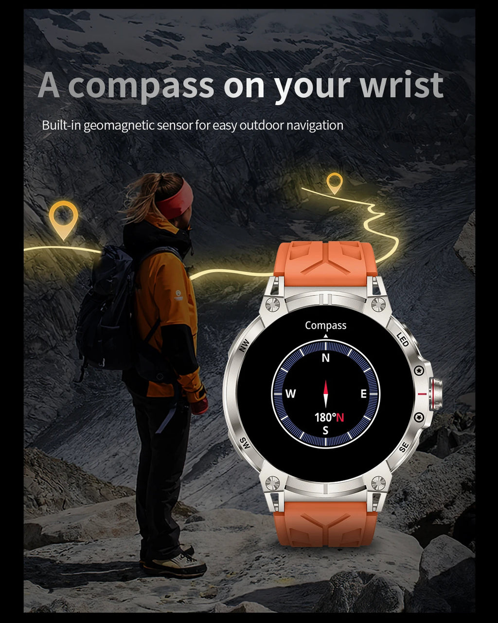 Military smartwatch men,760mAh Bluetooth call,LEDflashlight,compass,1.85HD Large screen,heart rate.blood pressure,IP68waterproof