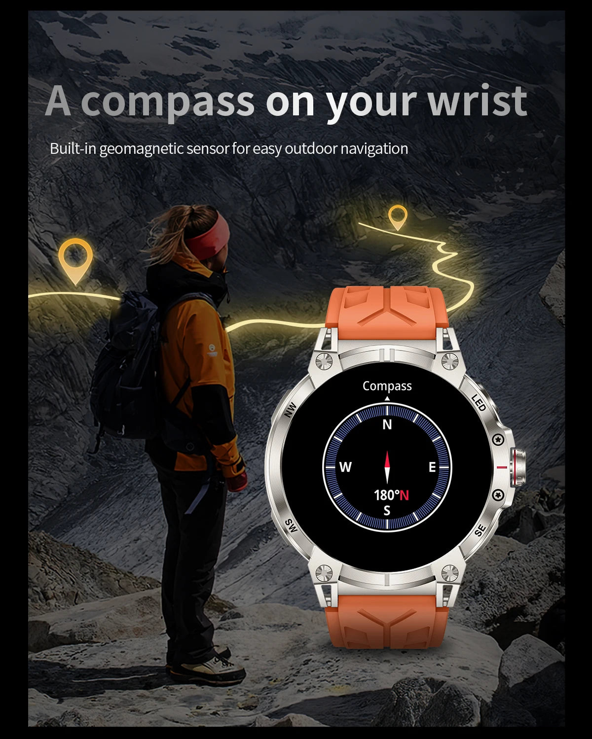 Military smartwatch men,760mAh Bluetooth call,LEDflashlight,compass,1.85HD Large screen,heart rate.blood pressure,IP68waterproof