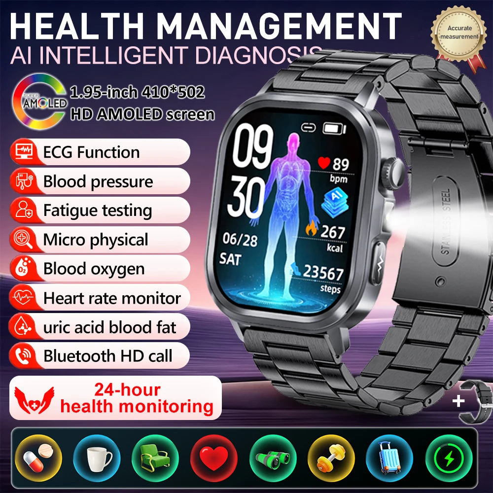 2025Nursing Level Uric Acid Blood lipids Smart Watch Men Blood Pressure ECG+PPG Clock Body Analysis Voice Call Health Smartwatch