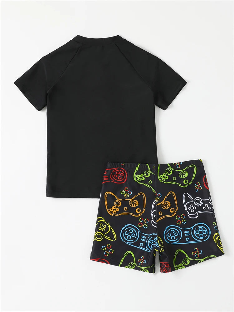 Boy Swimsuit 2026 New Graffiti Print Short Sleeve Children Swimwear Summer Two Piece Kids Beach Wear Swimming Bathing Suit Boys