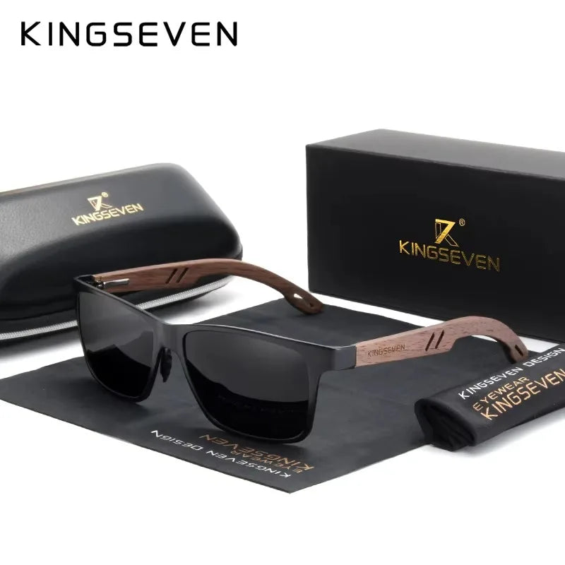 Men's polarized sunglasses with black lenses, wood grain arms, and accessories set.