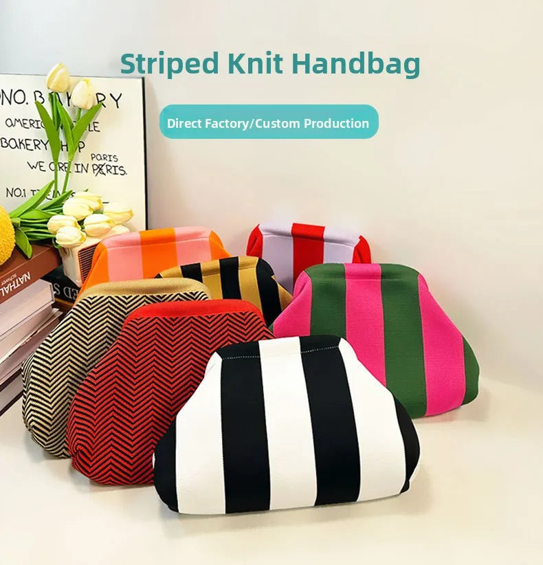 Striped Beach Bag Cloud Knitted Fashion Commuter All-Match Makeup Bag Weave Cross-Border Style Polyester Pillow-Shaped Bag