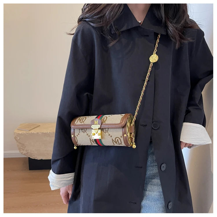 Fashionable Retro Summer Women's Chain Crossbody Bag Trendy Cylinder Bag Soft PU Leather Casual Style Small Size Korean Style