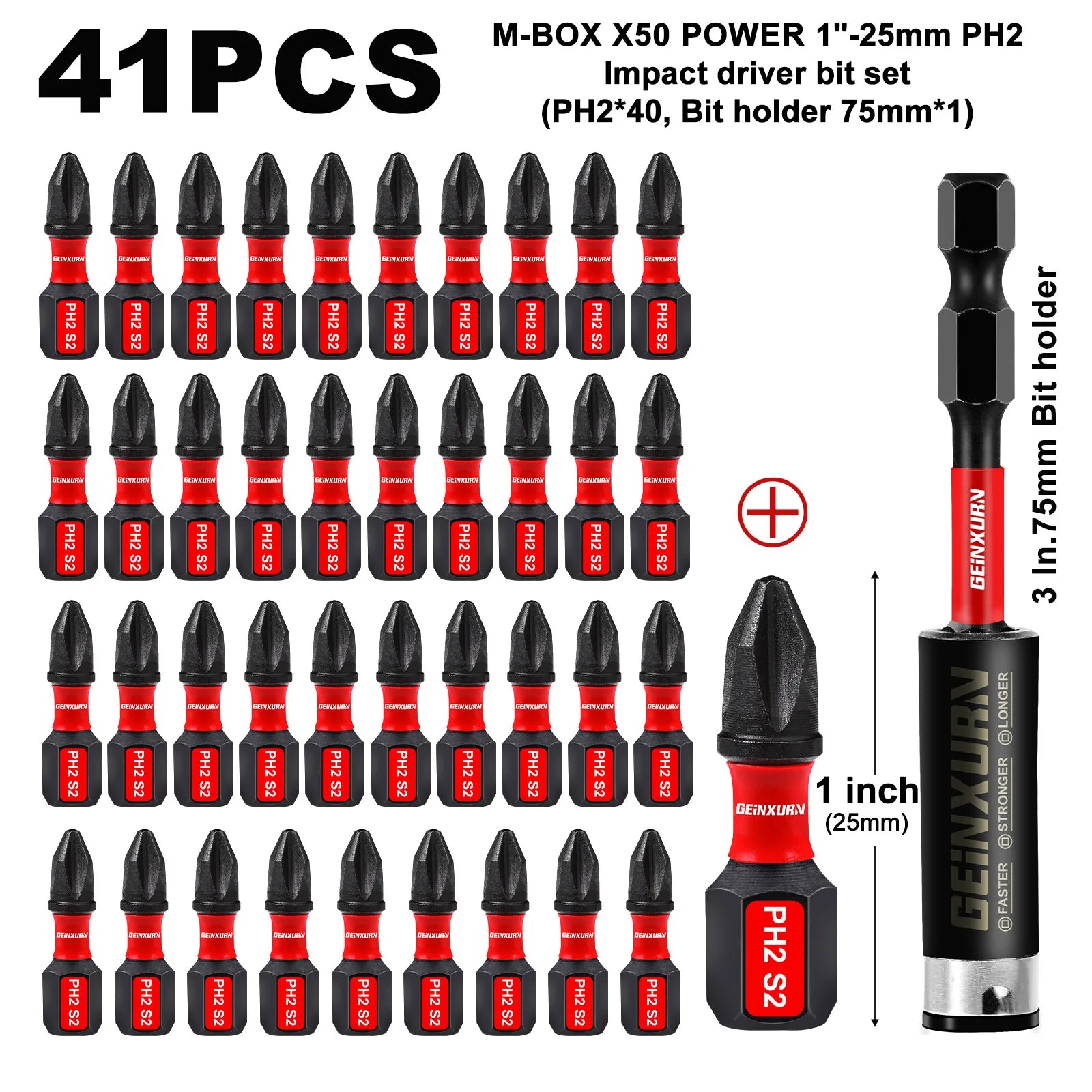 Geinxurn Impact Tough #2 Phillips Insert Driver Bits,Magnetic S2 Steel PH2 Screwdriver Bits Set with Storage M-Box