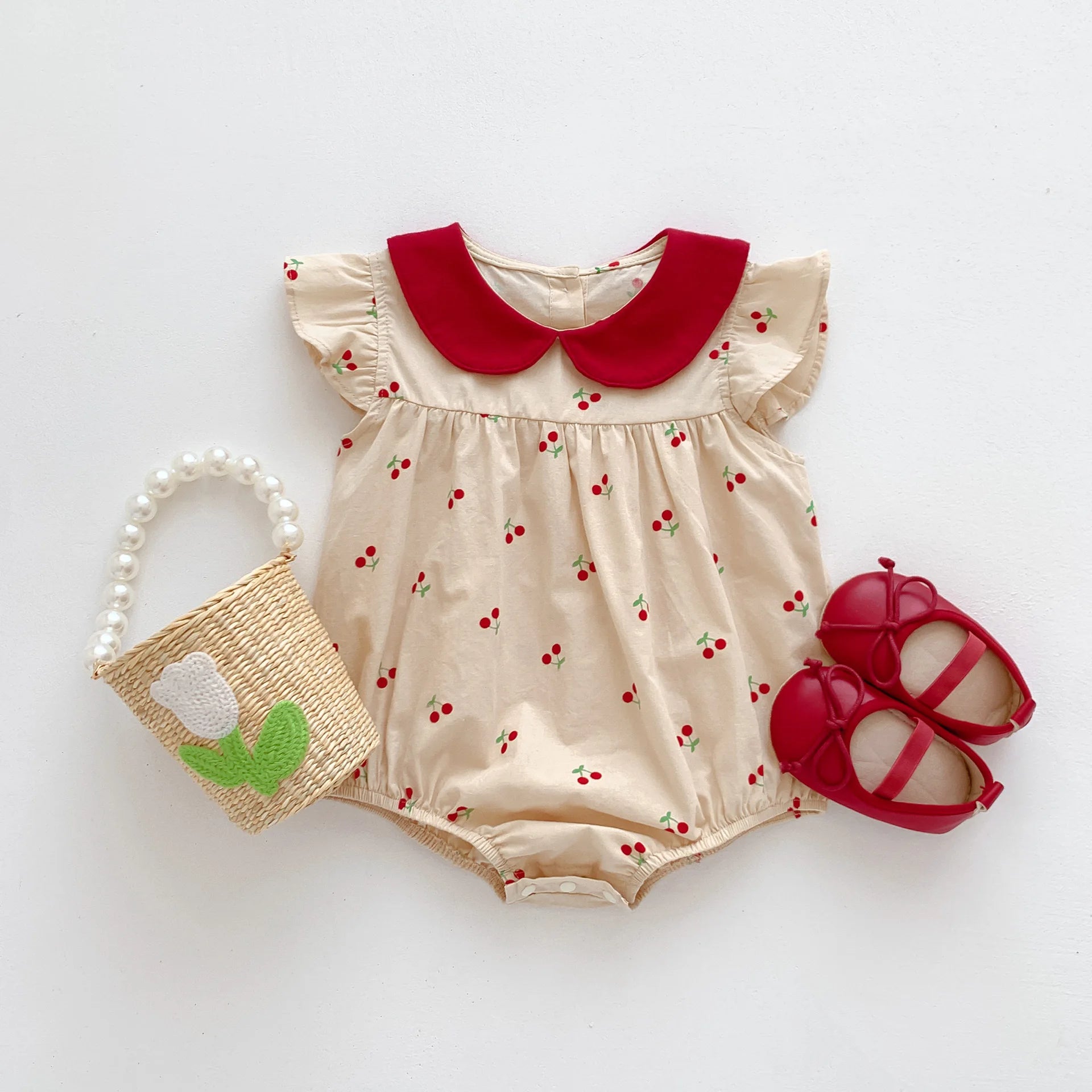 MILANCEL 2024 Summer Girls Bodysuit Full Of Cherry Print Toddler One Piece Peter Pan Collar  Girls Clothes