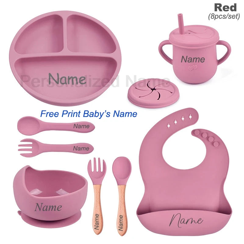 Personalized Logo Name Baby Silicone Dishes Feeding Set Suction Cup Bowl Tableware Kids Bowl Spoon Fork Bib Feeding Set BPA Free