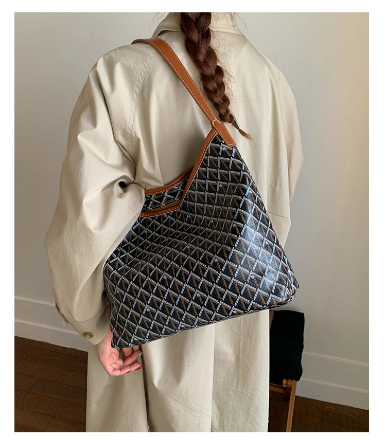 Large Capacity Women's Shoulder Bag Fashionable Commuter Tote Bag Soft PU Leather Printed Geometric Pattern Autumn New Arrival