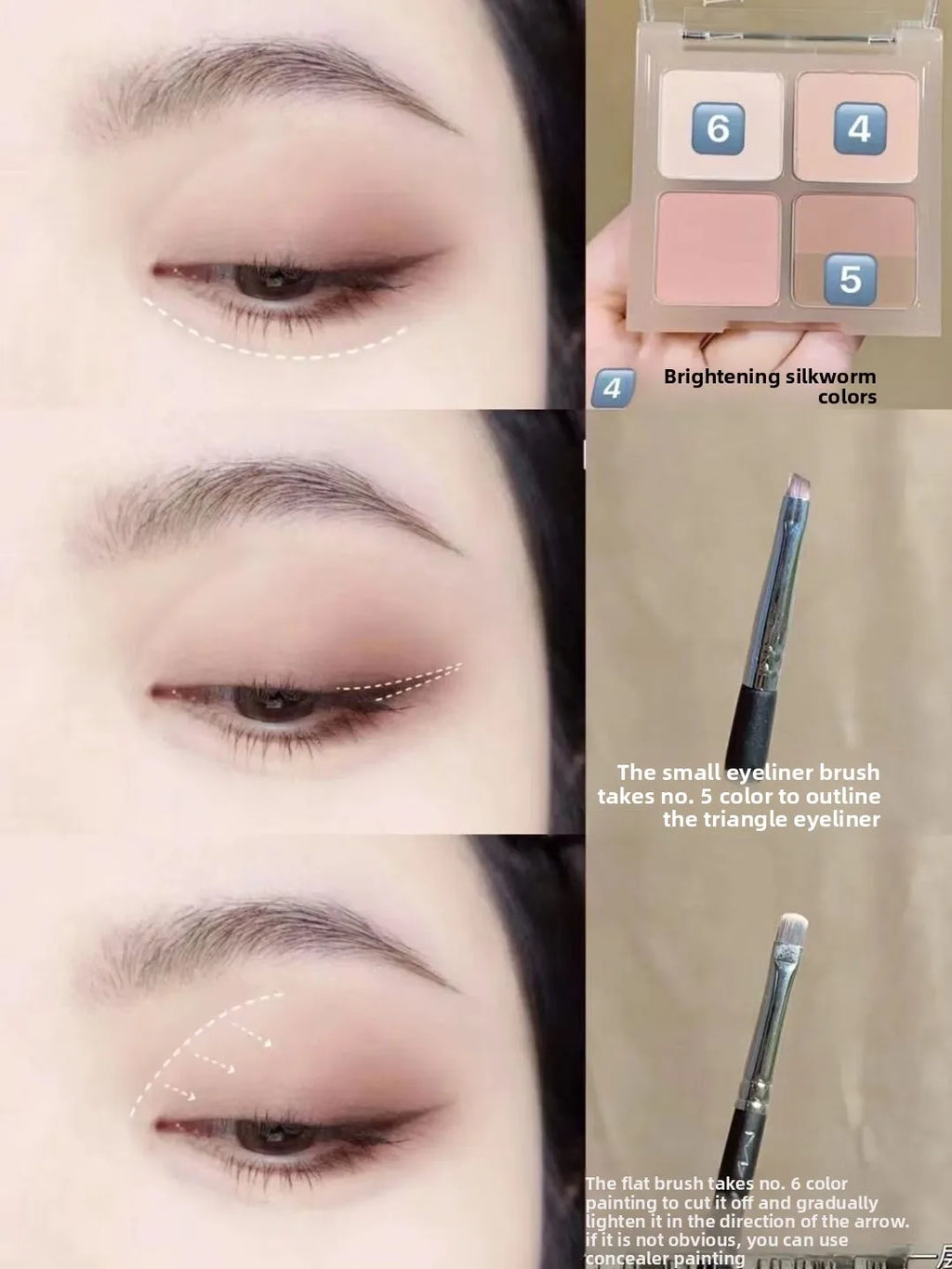 Eyeshadow tutorial showing step-by-step brown smokey eye makeup with palette and brushes