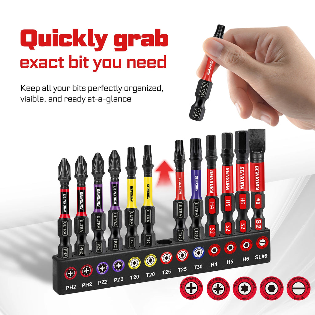 Geinxurn Impact Phillipes/Square/Slotted/Hex Screwdriver Bits Set,1''/2'' Magnetic S2 Steel Bits Set with Color Coded Base